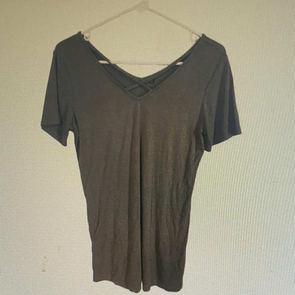 Women’s Black V-Neck Short Sleeve Top with Crisscross Back